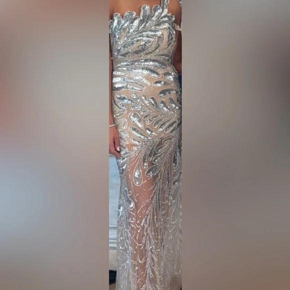 Oscar de la Renta  fern crystal embroidered gown- silver - Picture 8 of 11